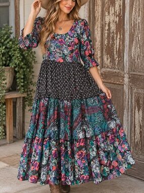 Vintage BILA Patchwork Floral Paisley Tiered Maxi Dress Boho Cottagecore M